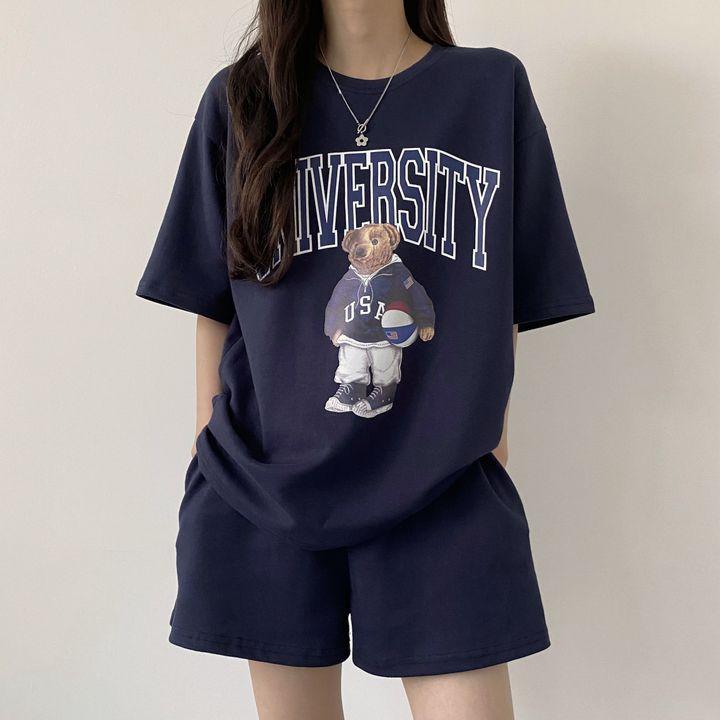 

Summer Bear Print Short Sets New Casual Loose Two Pieces Short Sleeve T Shirt and Short Pants Suits Women Quick-drying Mesh Breathable Clothing M тёмно-синий