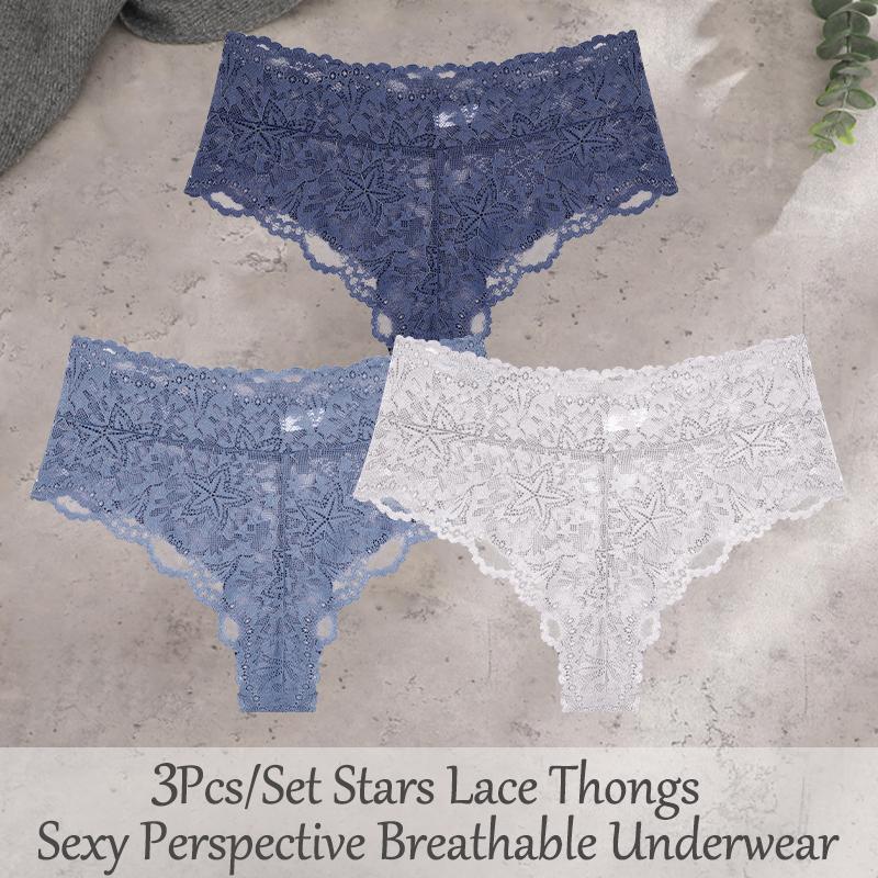FINETOO 3Pcs Sexy Lace Star Perspective Thongs Panties Women High Waist Breathable Underwear Female Soft Intimates Lingerie 2026