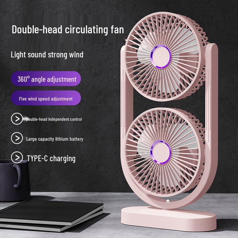Dual-Head USB Rechargeable Desktop & Floor Fan with 360° Rotation for Outdoors and Camping
