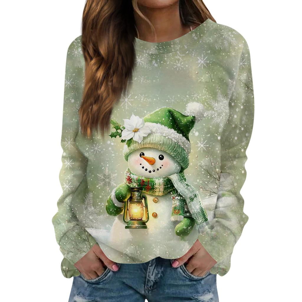 Dámské módní ležérní tričko s dlouhým rukávem s retro vánočním potiskem sněhuláka a kulatým výstřihem