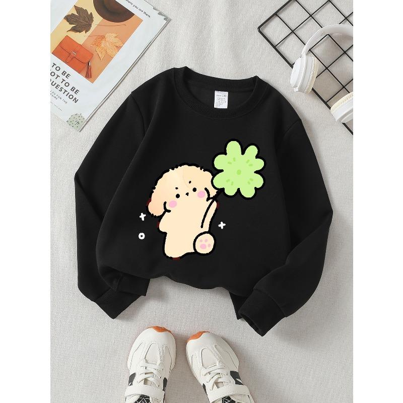 Kids Long‑Sleeve Crewneck Sweatshirt, Cute Dog Holding Clover Print,Daily Casual Top for Spring & Autumn