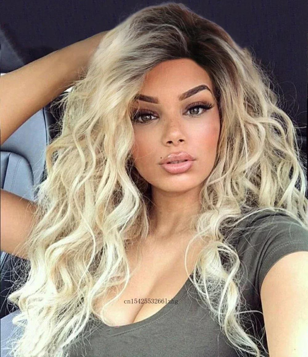 

Синтетические волосы Длинные светлые кудрявые парики для женщин Волнистый парик Темные корни Омбре парики Пушистые Очаровательные Повседневные Вечерние Женские парики