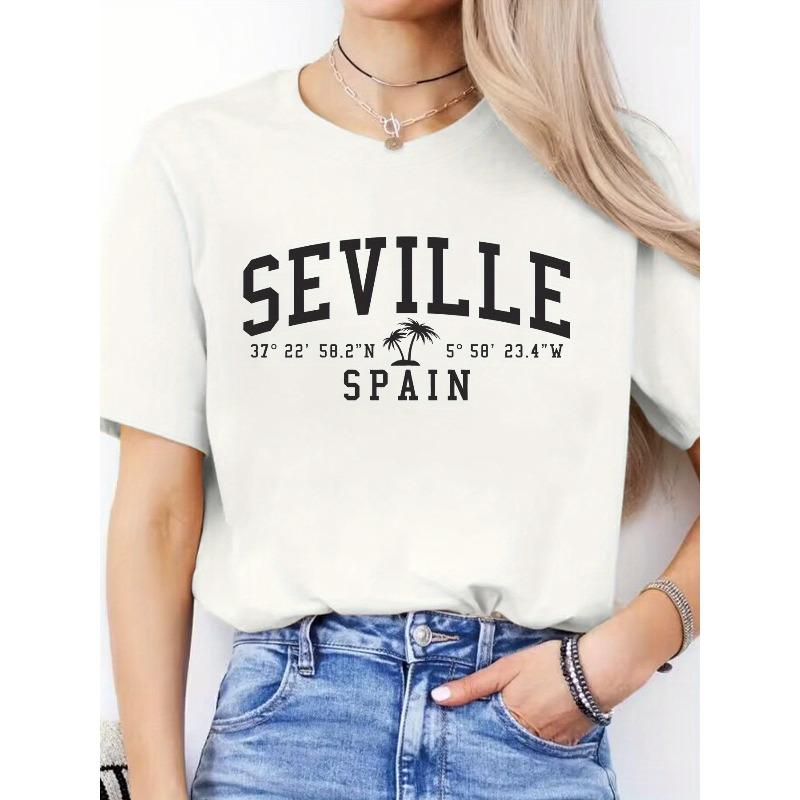 

Women S Round Neck Short Sleeve Sports T-Shirt with Spanish Letter Print for Spring And Summer Casual Wear S белый