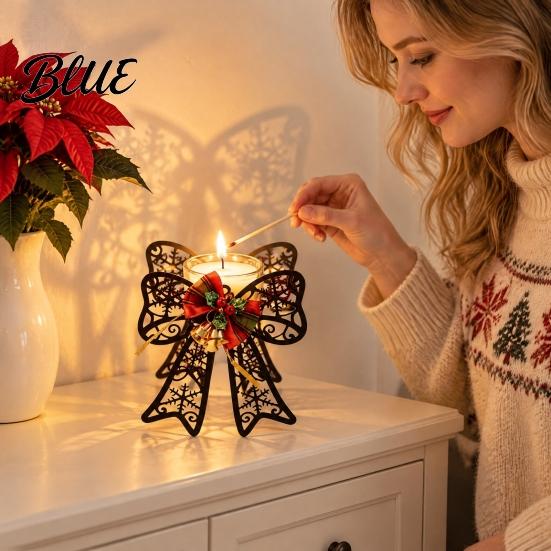 Holiday Home Decor Ornaments Black Metal Candle Holder Hollow Bow Sleigh Reindeer Bell Snowflake Tea Family Gathering Atmosphere Props Light
