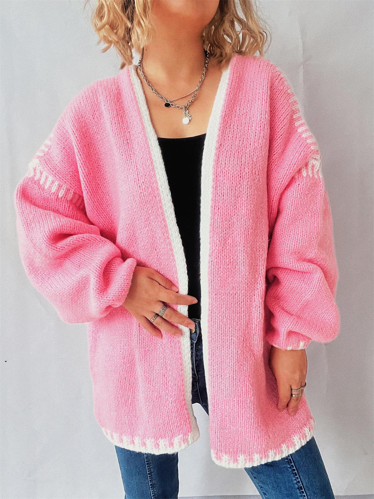 

Sweater women s ins outer wear V-neck knitted cardigan loose college style chic contrasting early autumn coat 3552 XL рожевий