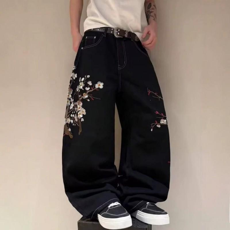 High-Waisted Straight Cut Denim Jeans With Vintage Cherry Blossom Embroidery Men Casual Streetwear Style