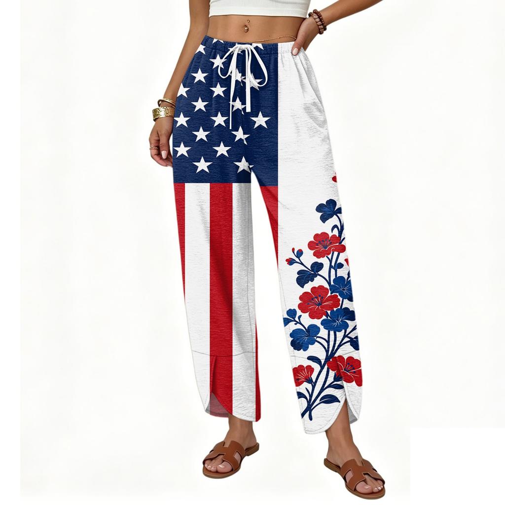 Women Casual Loose Straight Leg Wide Leg Drawstring Printed Long Pants with Pockets for Everyday Relaxed Wear