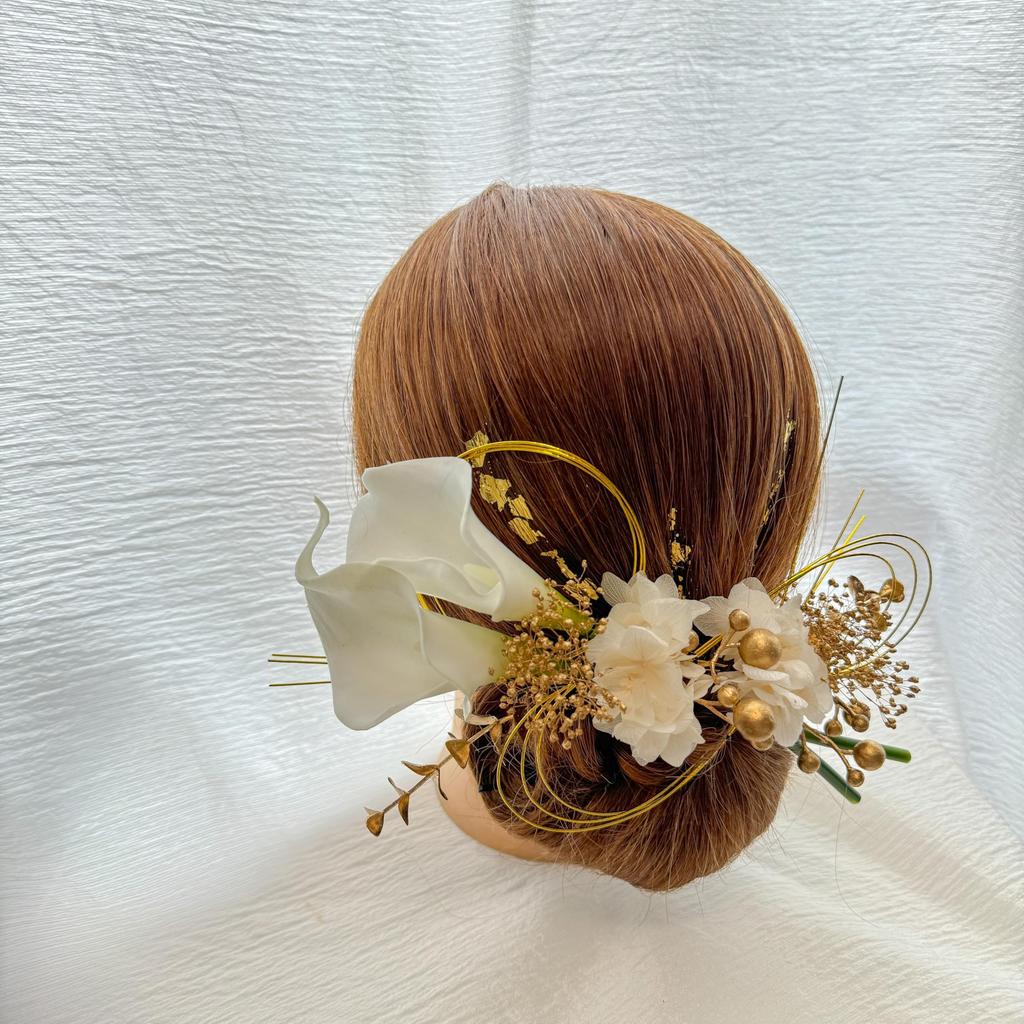 White Calla Lily Hair Ornament with Dried Mizuhiki and Gold Perfect for and and Suitable for Furisode and Shiromuku Kimono Flowers, Leaf,