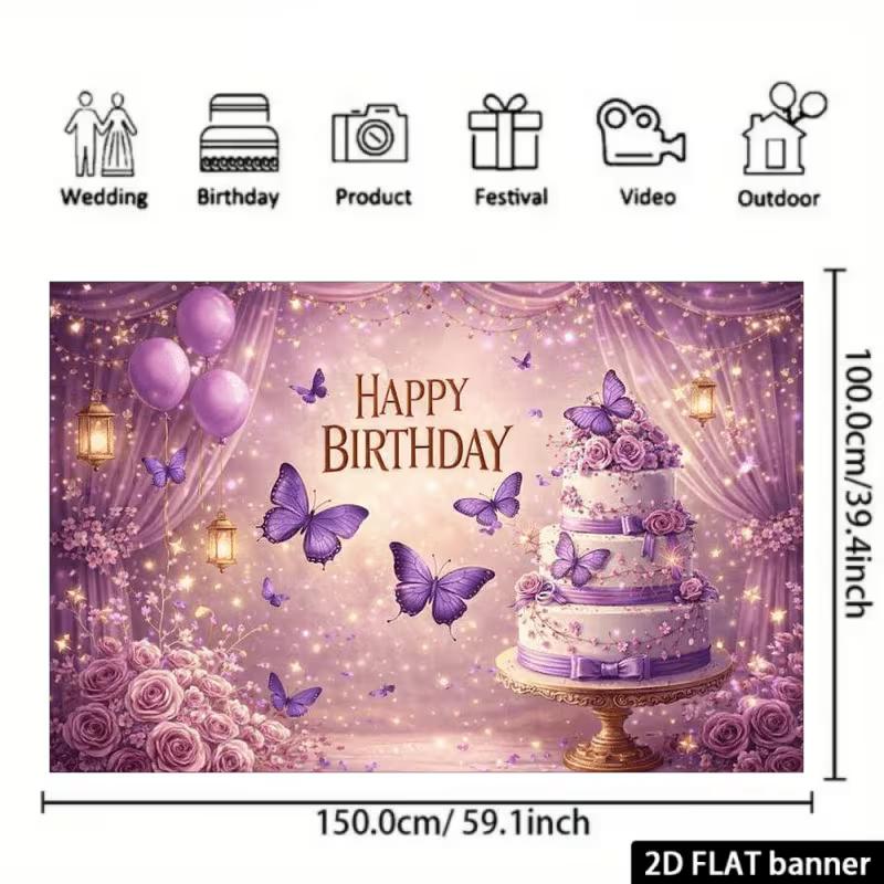 2D 2D Flat Purple Happy Birthday Backdrop Banner for Women Birthday Party