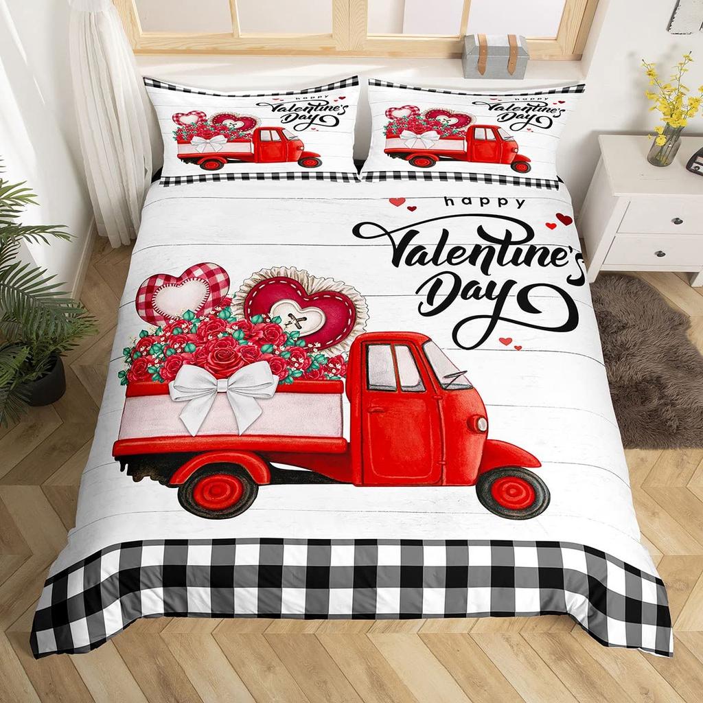Valentine's Day Duvet Cover Set King Size,Red Truck Heart Tree Bedding Set,Rose Flowers Trailer Comforter Cover Romantic Gifts