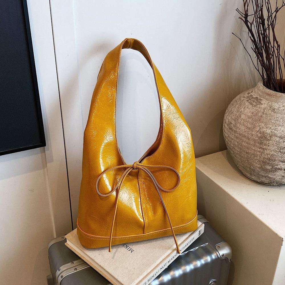 

Korean Style Bow Bucket Bag New Deisgn Commuting Shoulder Bag Oil Wax Leather Tote Bag Girls жовтий