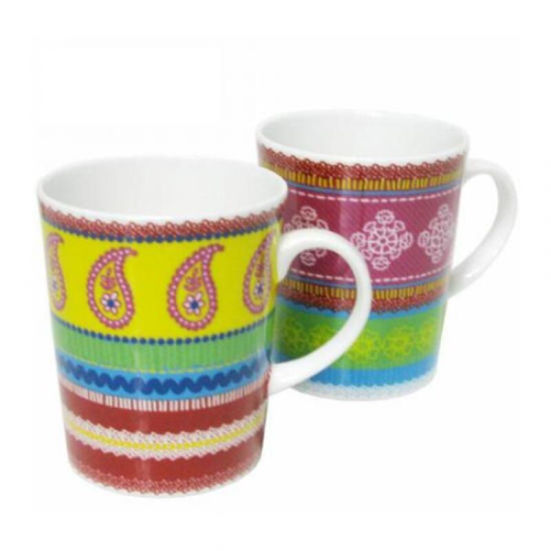 Set of 2 retro pattern ceramic mugs (choose one color) Yellow Pink