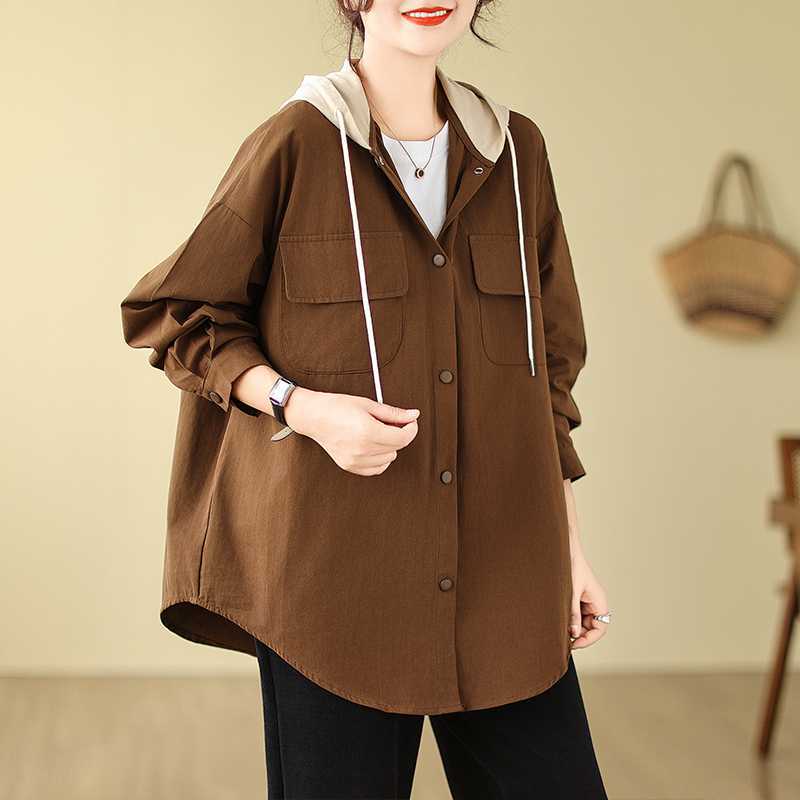 Casual Hooded Windbreaker Shirt Jacket Women's Loose Mid-length Blouse Hoodie