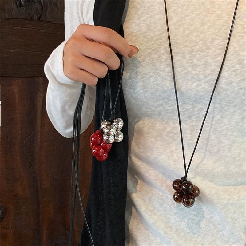 Round Beads Pendant Necklaces For Women Fashion Black Leather Rope Long Adjustable Sweater Chain Jewelry Gift Party