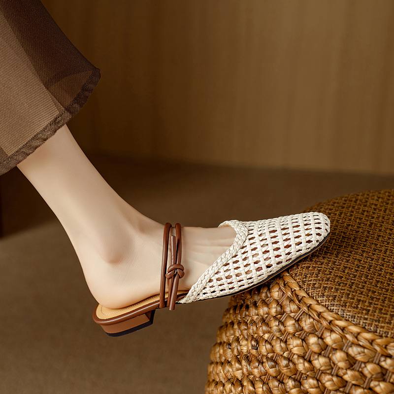 Krazing Pot Microfiber Mules Weaving Summer Size 41 Low Heels Slingback Party Shoes Women Square Toe Gladiator Hollow Out Pumps