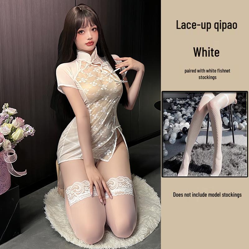 Mu Xiaochu Lace Patchwork Cheongsam Sexy See-Through Lingerie Set with Tie-Up Nightdress for Women X14