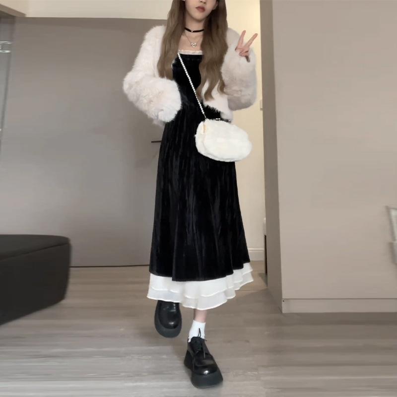[Original Practice] Hepburn Style Black Velvet Dress Autumn and Winter Women's French Skinny Long Dress