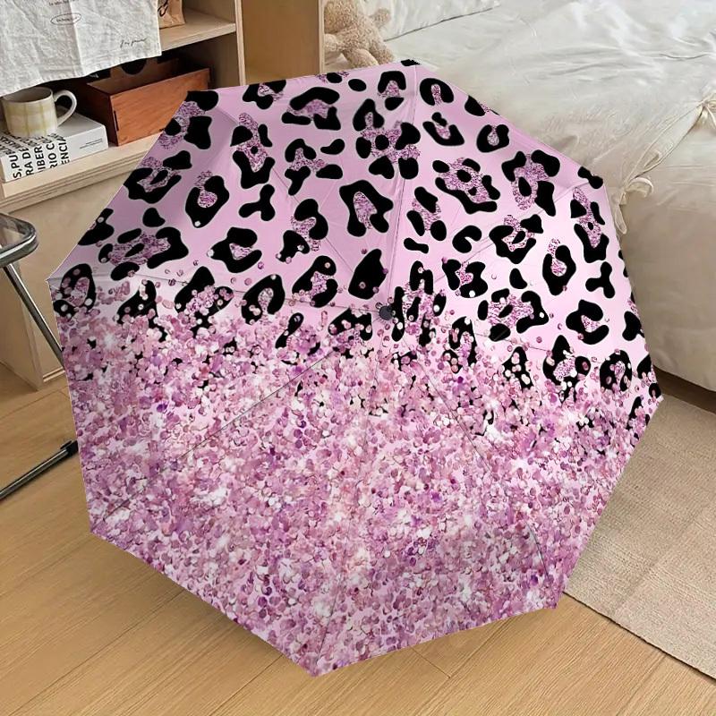 1 Stück Leopardendruck Glitzer-Regenschirm - 9 Speichen verstärkt, Automatisches Öffnen, Leicht & Langlebig, Niedliches Modeaccessoire für Draußen - P0769