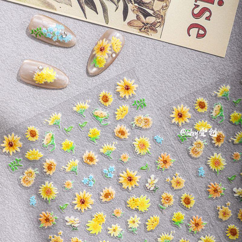 Cyan Sea Fresh Sunflower Embossed Nail Art Stickers - Colorful Flower Decals
