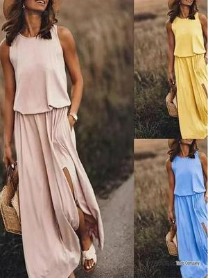 2026 Summer Resort Round Neck Sleeveless Lantern Split Maxi Dress