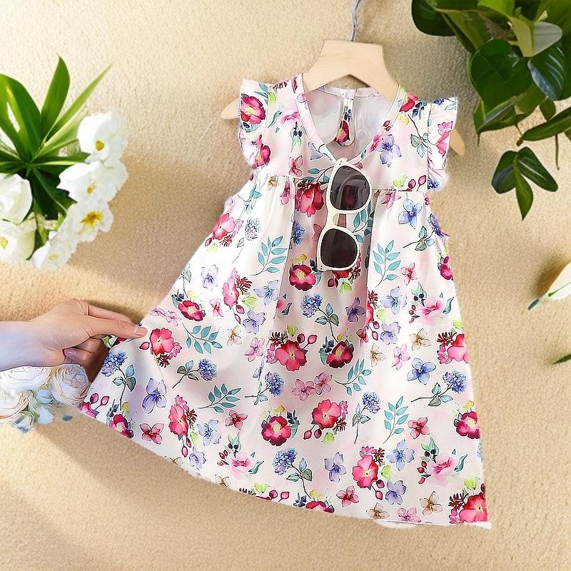 Girls Floral Flutter Sleeve Babydoll Dress Sweet Princess Summer Kids Clothing 110cm