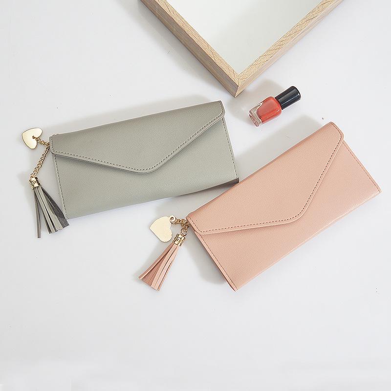 Women's Long Korean-Style Wallet with Heart Pendant and Tassel