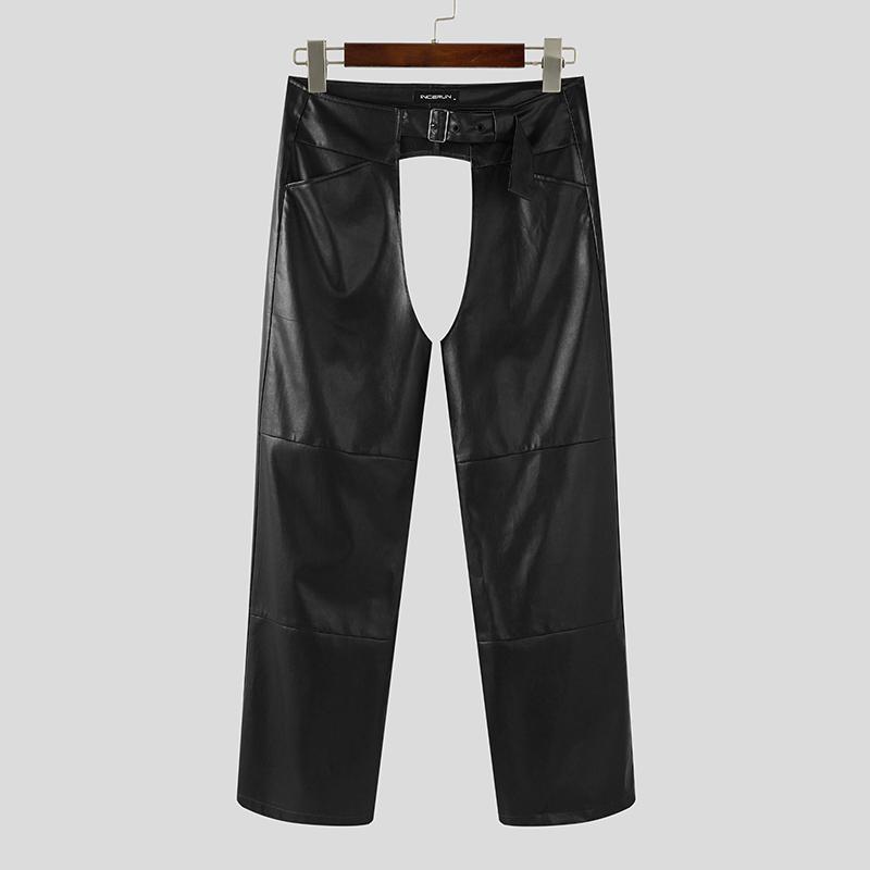 INCERUN Men Zip-up Waist Crotch Cutout PU Leather Party Long Pants Trousers