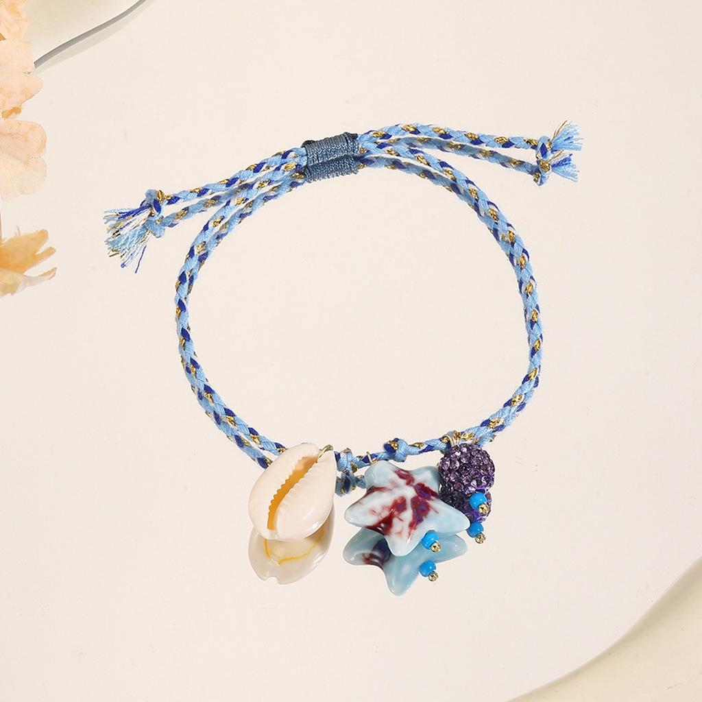 1pc Blue Bohemian Starfish Necklace - Woven Color Rope Chain with Shell/Starfish/Ceramic Pendants, Adjustable 80cm Length, Ideal