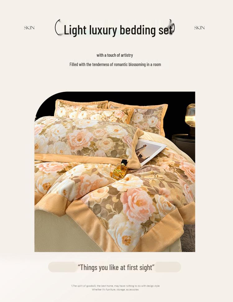Cozy Winter Milk Velvet 4-Piece Fleece Bedding Set: Double-Sided Printed Duvet Cover