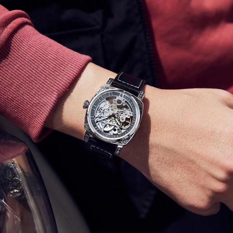 Watch Men'S Mechanical Hollow, Trendy Men'S Automatic Mechanical Watch, Luminous Niche Engraved Watch