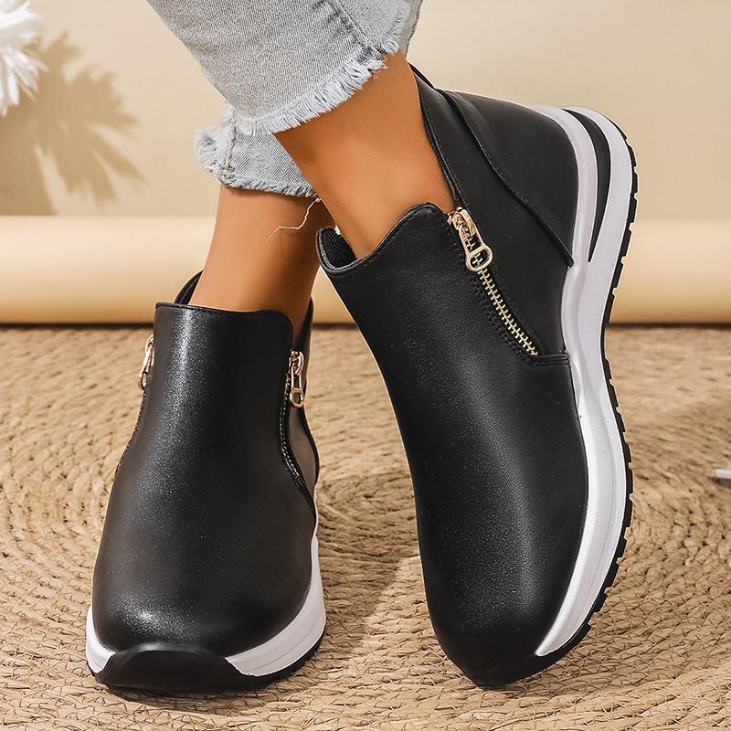 Fashion Black PU Leather Platform Sneakers for Women Fashion Double Zipper High Top Sports Shoes Woman Thick Sole Non Slip Short Boots