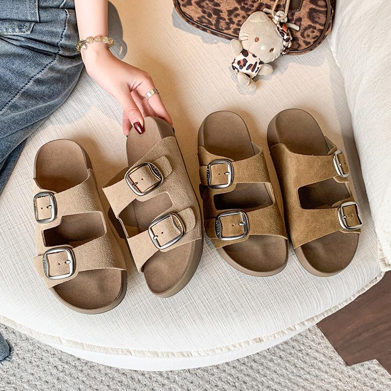 Fashion Cork Clogged Women's Slippers Summer Retro Comfortable Soft Flat Sandals Matte Platform Sandals Adjustable Button Beach Shoes