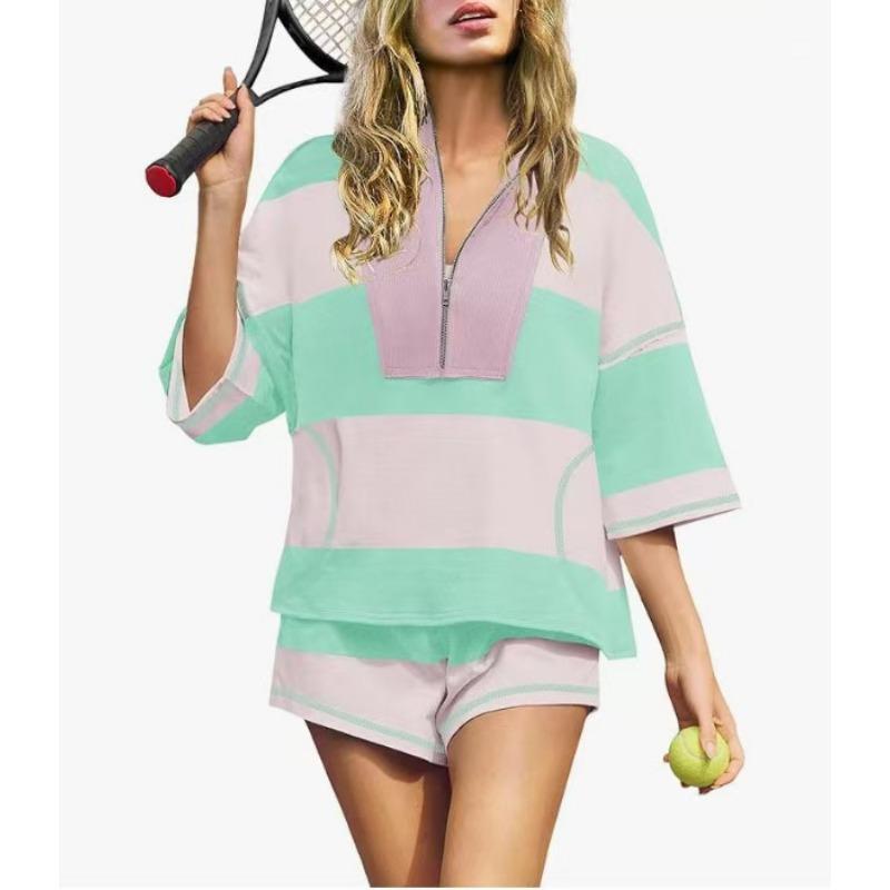 Schwarz-Weiß Colorblock Halbreißverschluss 3/4 Ärmel Oberteil & Shorts 2-teiliges Set