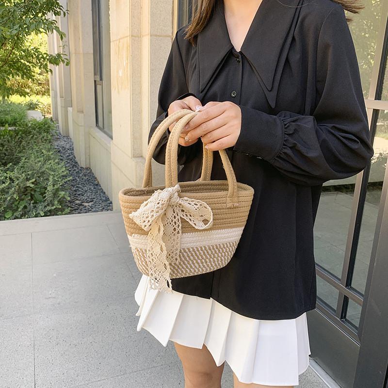 Stylish Woven Handheld Plaid Bucket Bag Large Capacity Trendy Girls Purse In Gray Khaki Pink