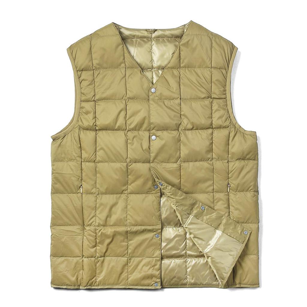 TAION Down Button Inner Down Size Men's V-Neck Vest, TAION-001 (Beige, S)