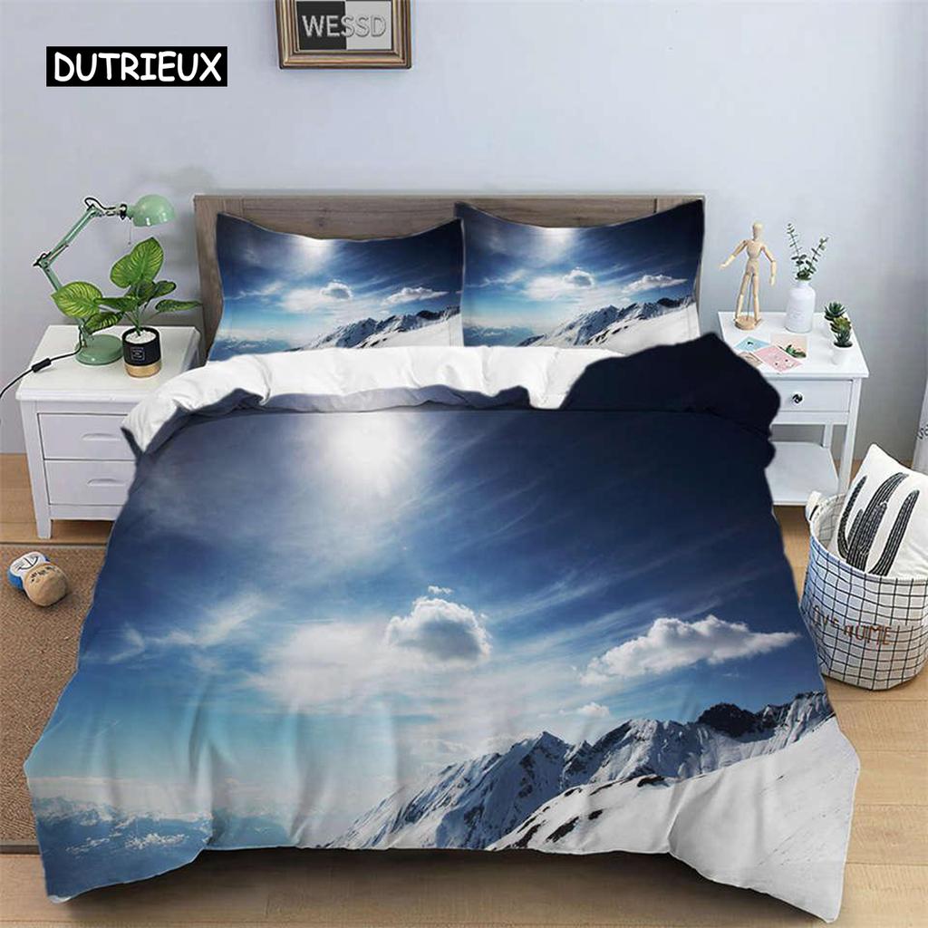 Snow Mountain Duvet Cover Set Polyester 3D Landscape Bedding Set for Teens Adults Ski Slope Winter Theme Queen Comforter Cover