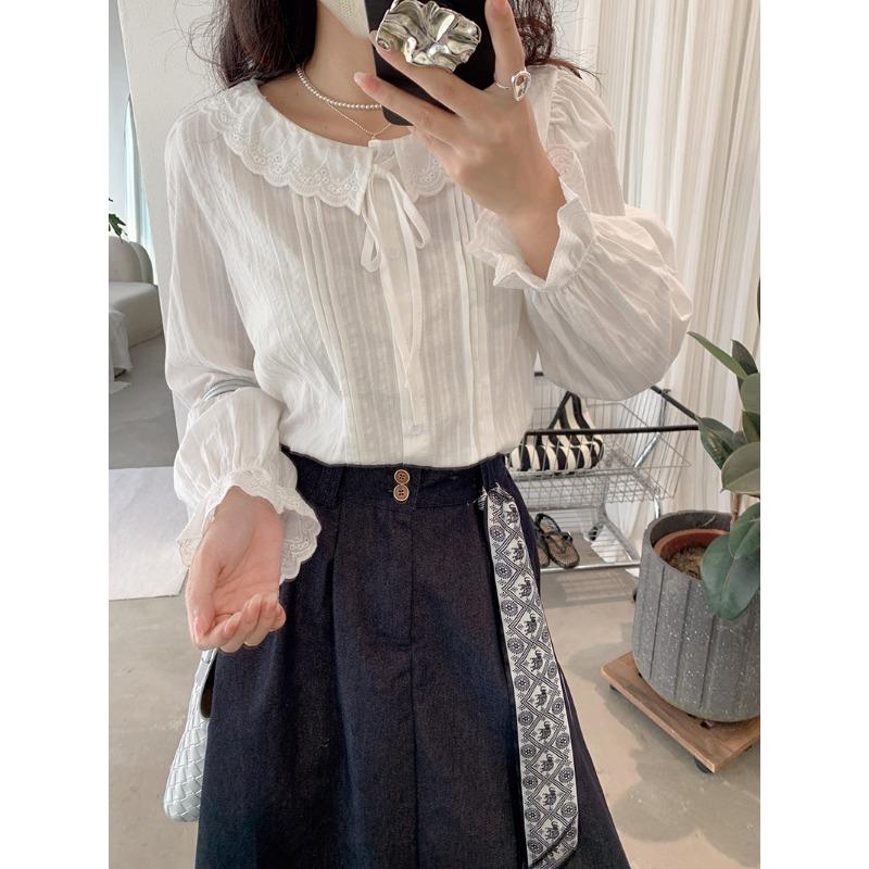 Spring Autumn Polo-neck Sweet Single Breasted Shirt Women Long Sleeve Casual White Cotton Blouse Cardigan Top