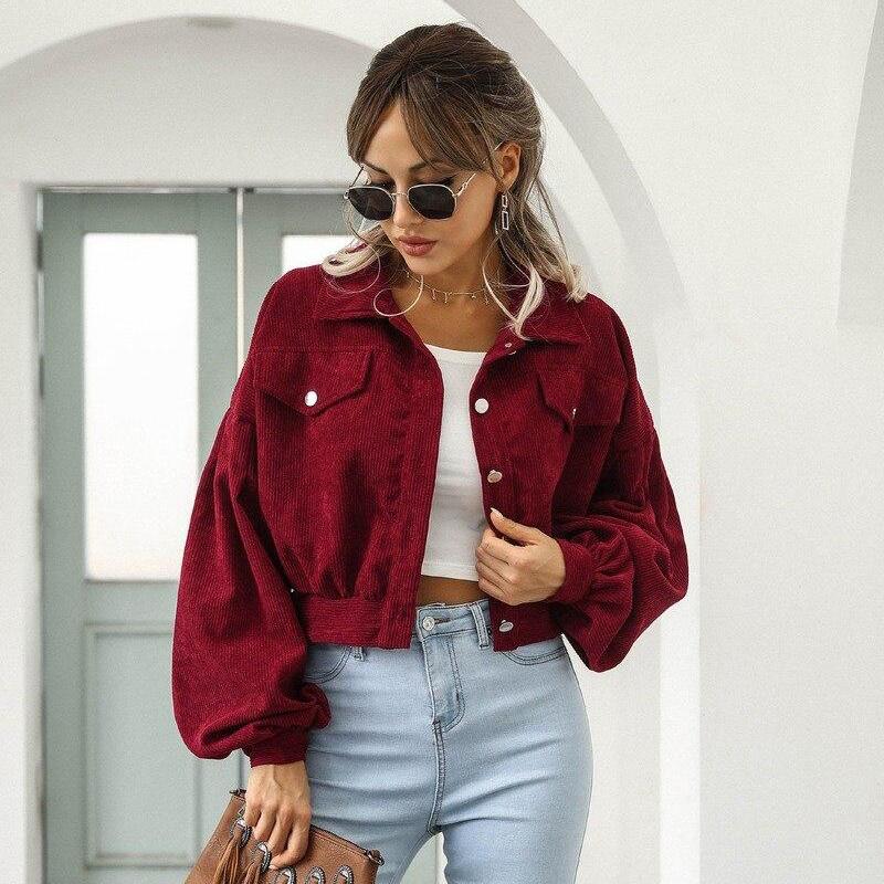 Cropped Corduroy Jackets Women Single Breasted Overcoat Coat Fashion Lantern Sleeve Vintage Autumn Winter Women Jacket