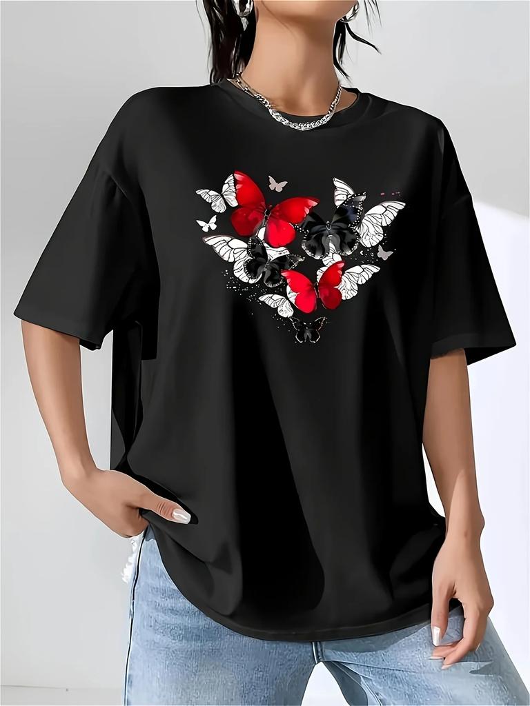 Red Butterfly Heart Print Short Sleeved Round Neck Y2k Tshirt Men Clothing New in Top & Tees Mens T-Shirt Camisetas 70352