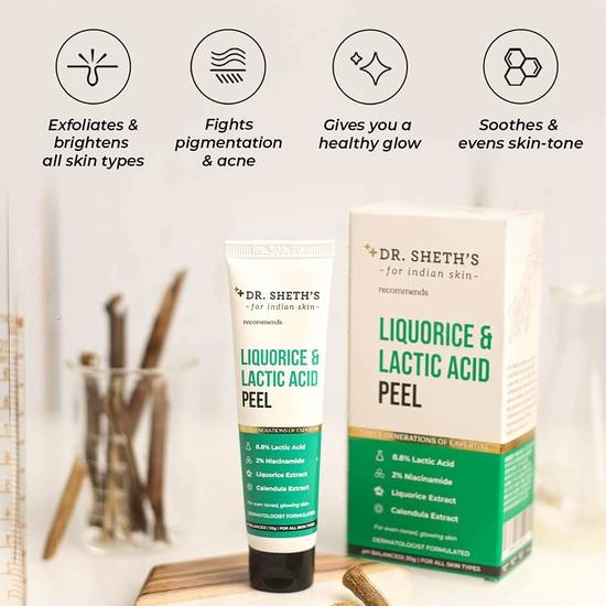 Dr. Sheth's Liquorice & 8.8% Lactic Acid (AHA) Chemical Peel For Even-Toned, Glowing Skin With 2% Niacinamide, Chemical Exfoliator For Unisex, 30g
