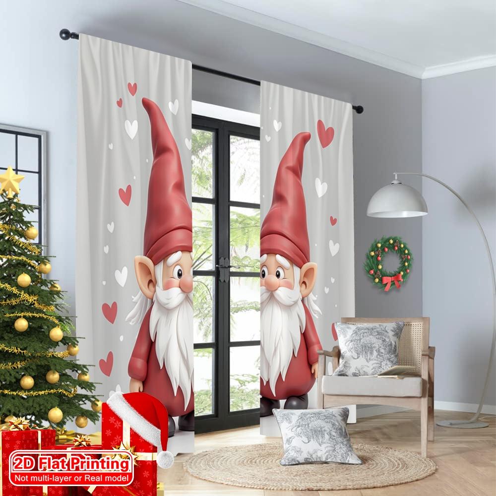 2pcs 2D Flat Printing Merry Christmas Curtains Cute Christmas Gnomes Couple Polyester Without Electricity Holiday Decorations