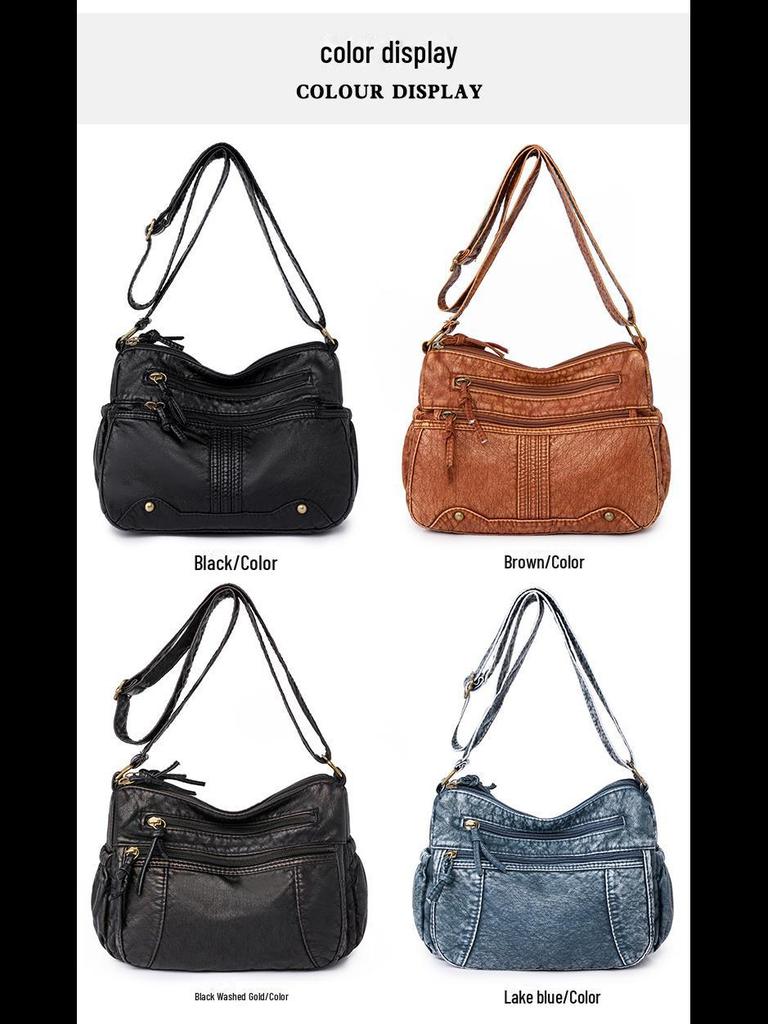 Large Capacity Soft Leather Cross-border Women's Shoulder Tote Bag for Middle-aged Women, with Washed Leather Finish.