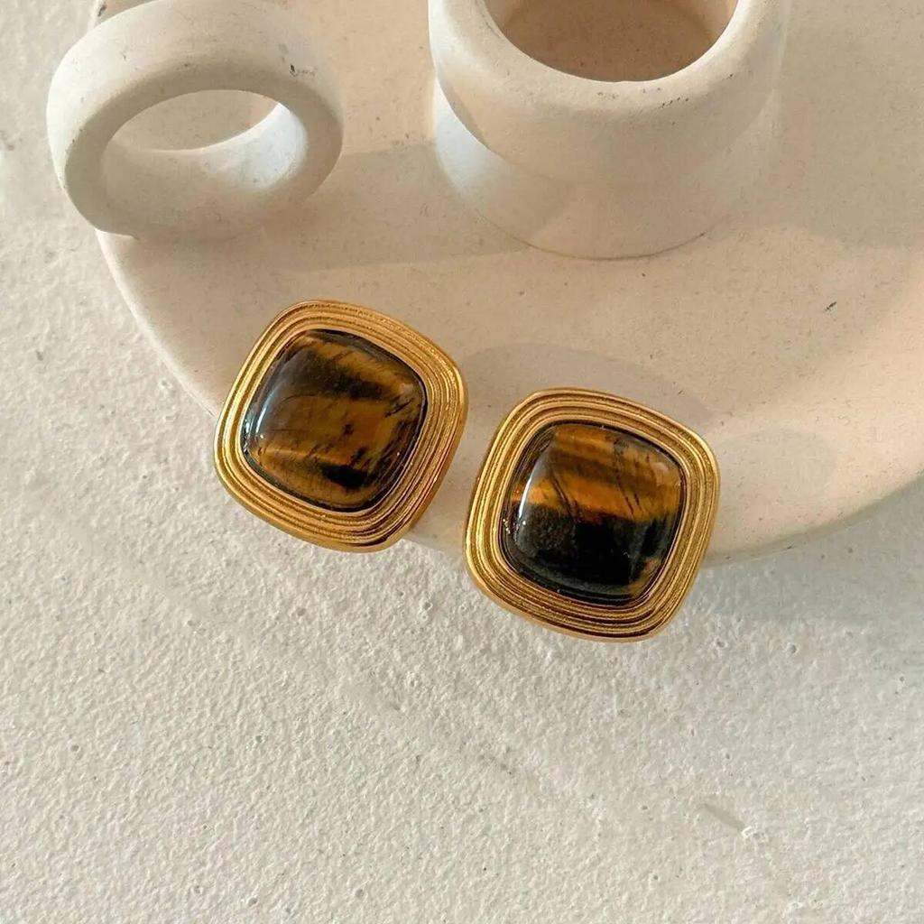IngeSight.Z Classic Retro Tiger Eye Stud Earring For Women 18K Gold Plated Stainless Steel Piercing Ear Accessories Jewelry Gift