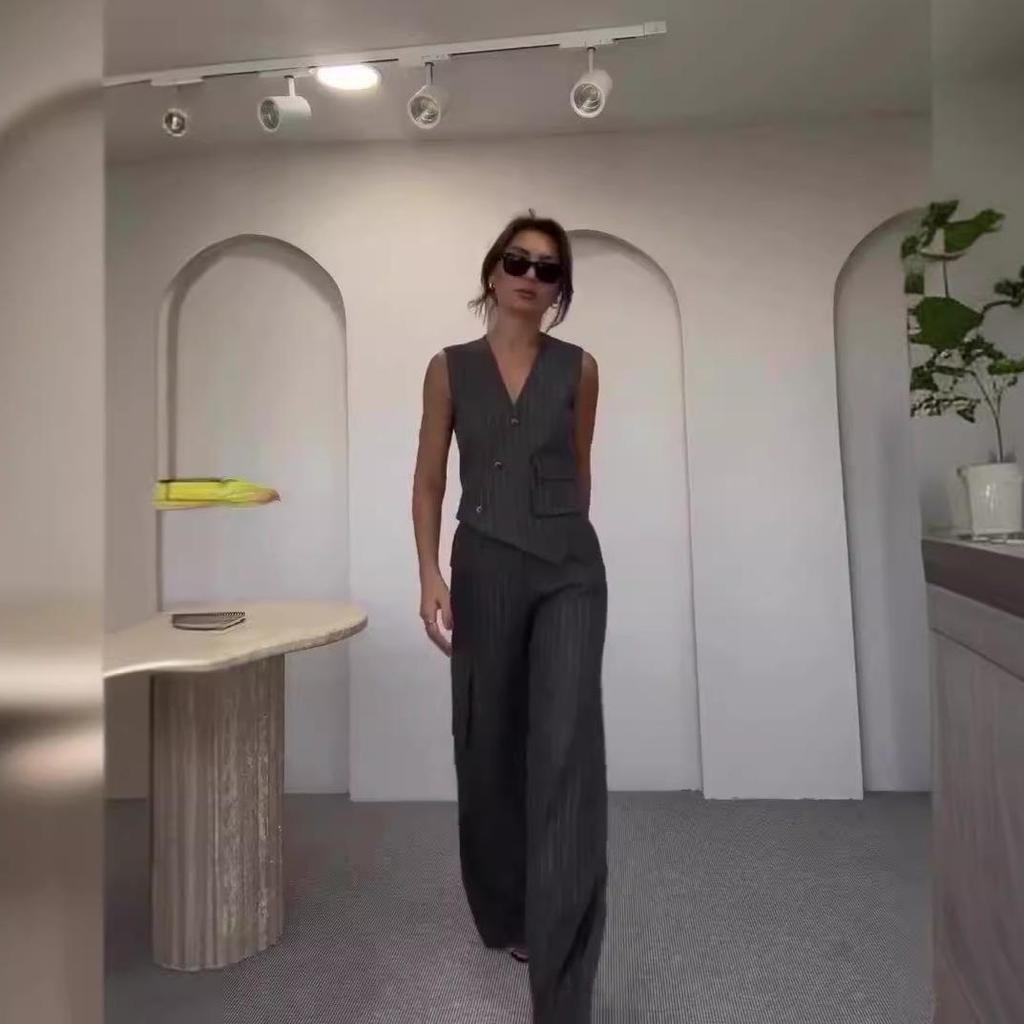 2024 Chic Striped Double-breasted Vest & Long Pants Suit for Women