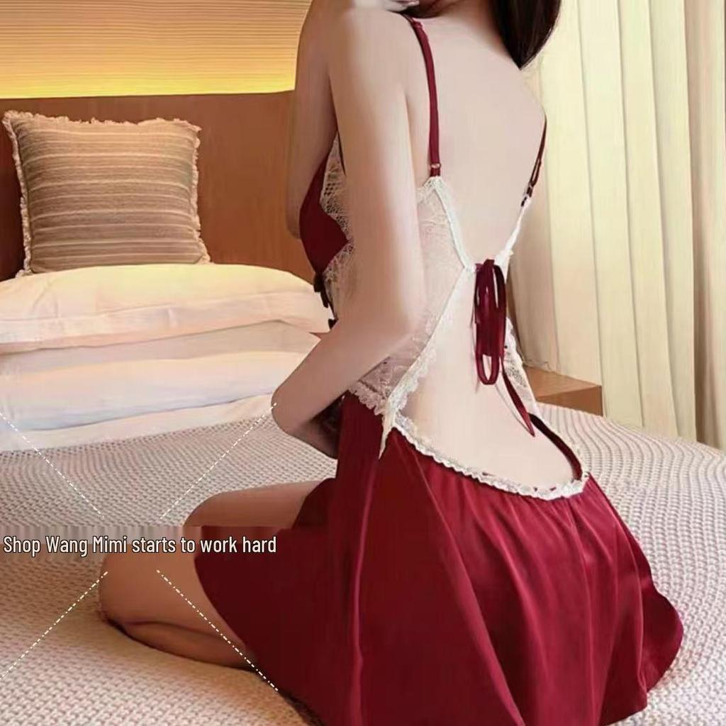 Women's Lace Bow Pajama Set - Camisole & Nightgown with Sweet See-Through Design