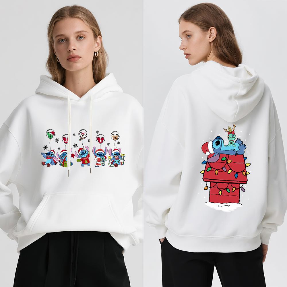 Disney Stitch Christmas Print Women Fleece Hoodie Winter Warm Pullover Casual Holiday Travel Party Outfit Soft Cozy Sweatshirt