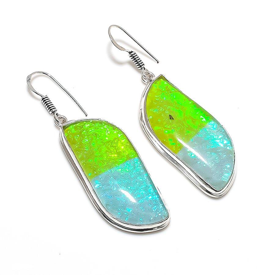 Green Triplet Opal Gemstone 925 Sterling Silver Jewelry Earring 2.17" SU-10120