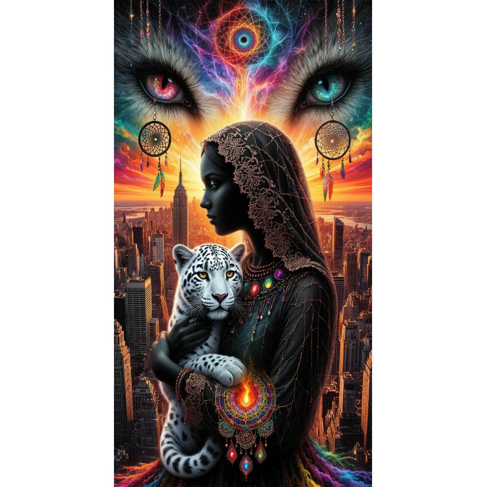 Large Size Mosaic DIY Full Diamond Painting Kits Art Fantasy Girl Leopard and Dream Catcher Embroidery Cross Stitch Rhinestones