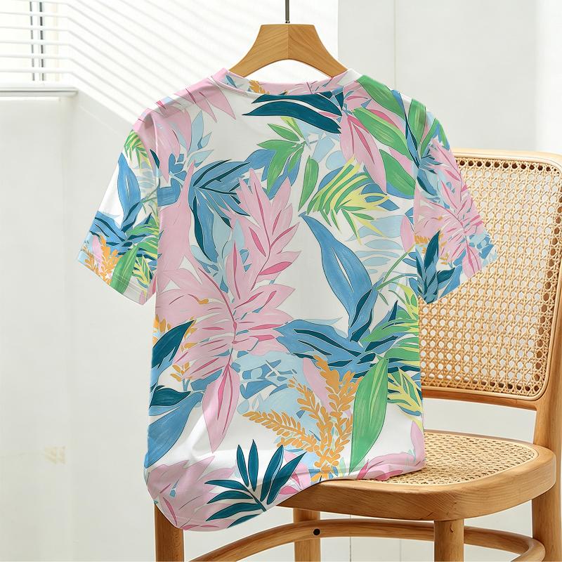 Women's Tropical Plant Casual Short Sleeve T-Shirt - Soft Cotton, Colorful Fresh Design, Versatile for Everyday Wear & Work Commute