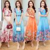Women's Round Neck Short Sleeve A Line Midi Dress Mid Rise Elegant Floral Print Chiffon Beach Party Maxi Dress